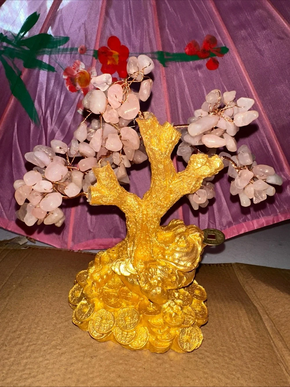 Gold & Pink Gemstone Lucky Money Tree - Home Accent